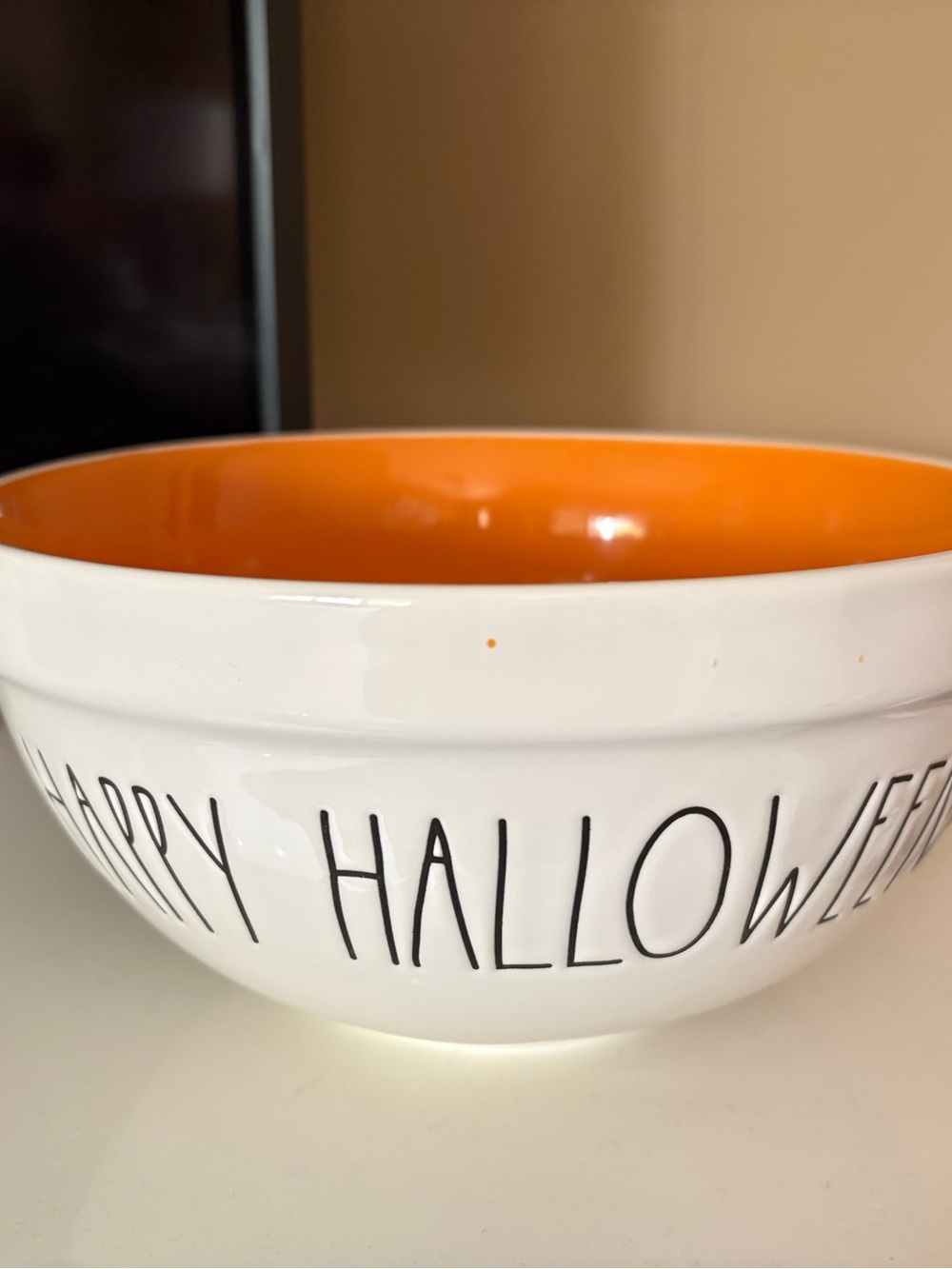 Happy Halloween Ceramic Bowl - White Exterior with Orange Interior